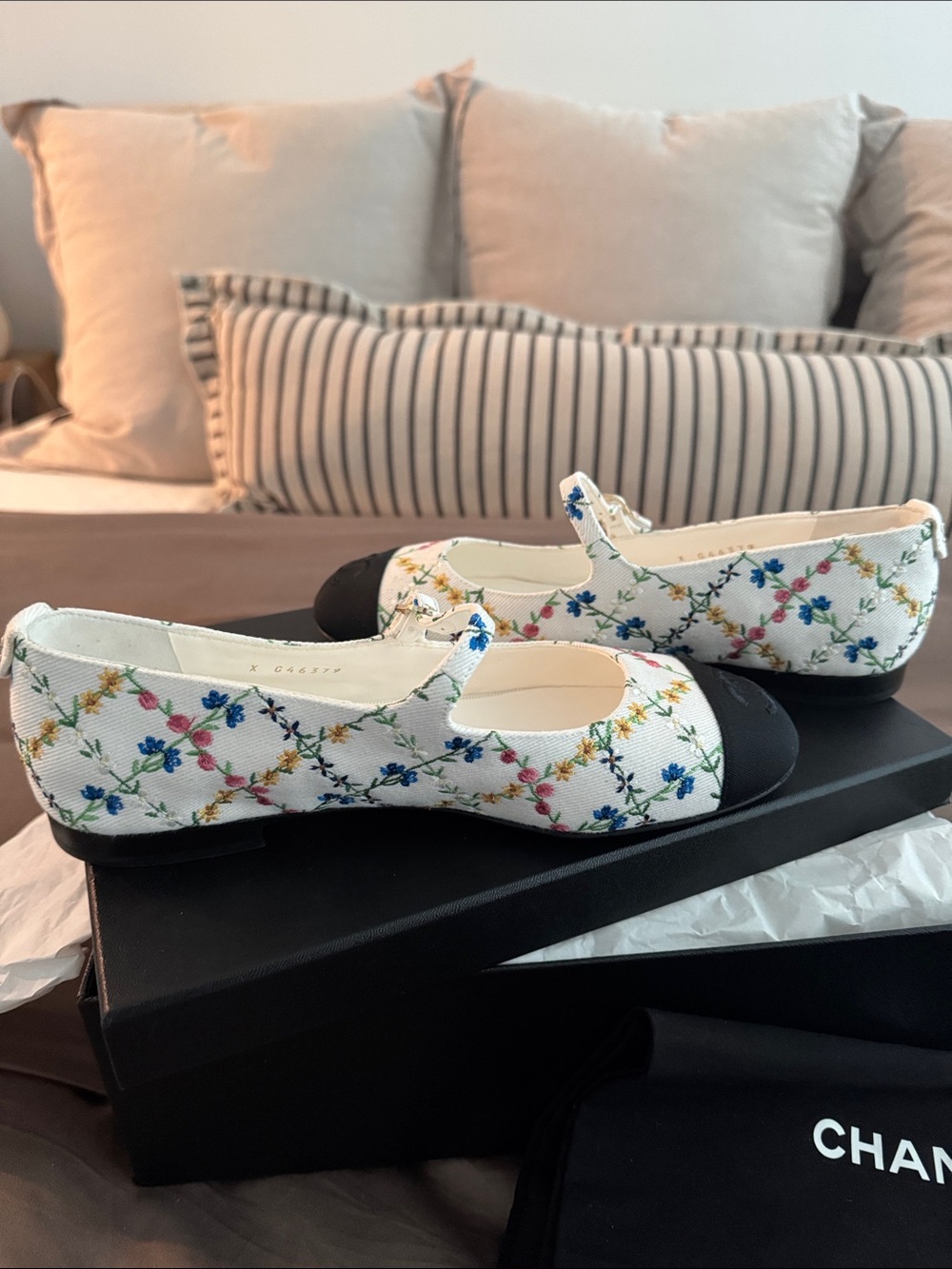 CHANEL White Floral Mary Jane Flats with Black Cap Toe - Picture 6 of 7